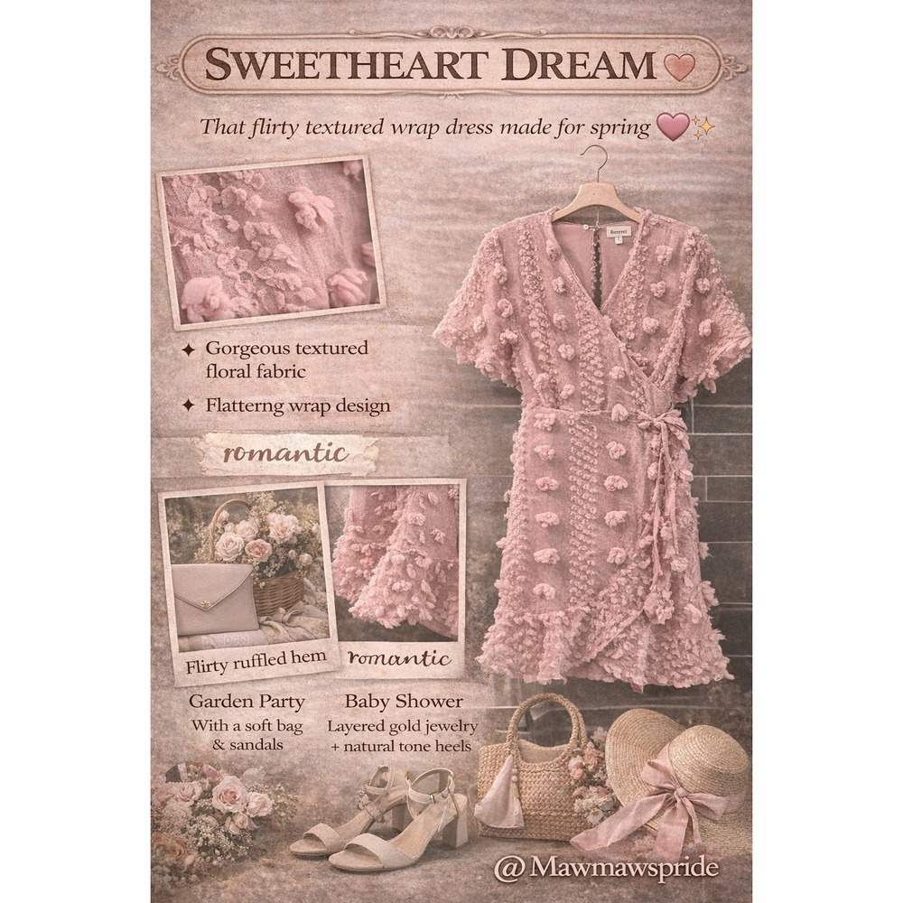 &merci Pink Textured Floral Wrap Dress Ruffle Hem V-Neck Romantic Garden Party L